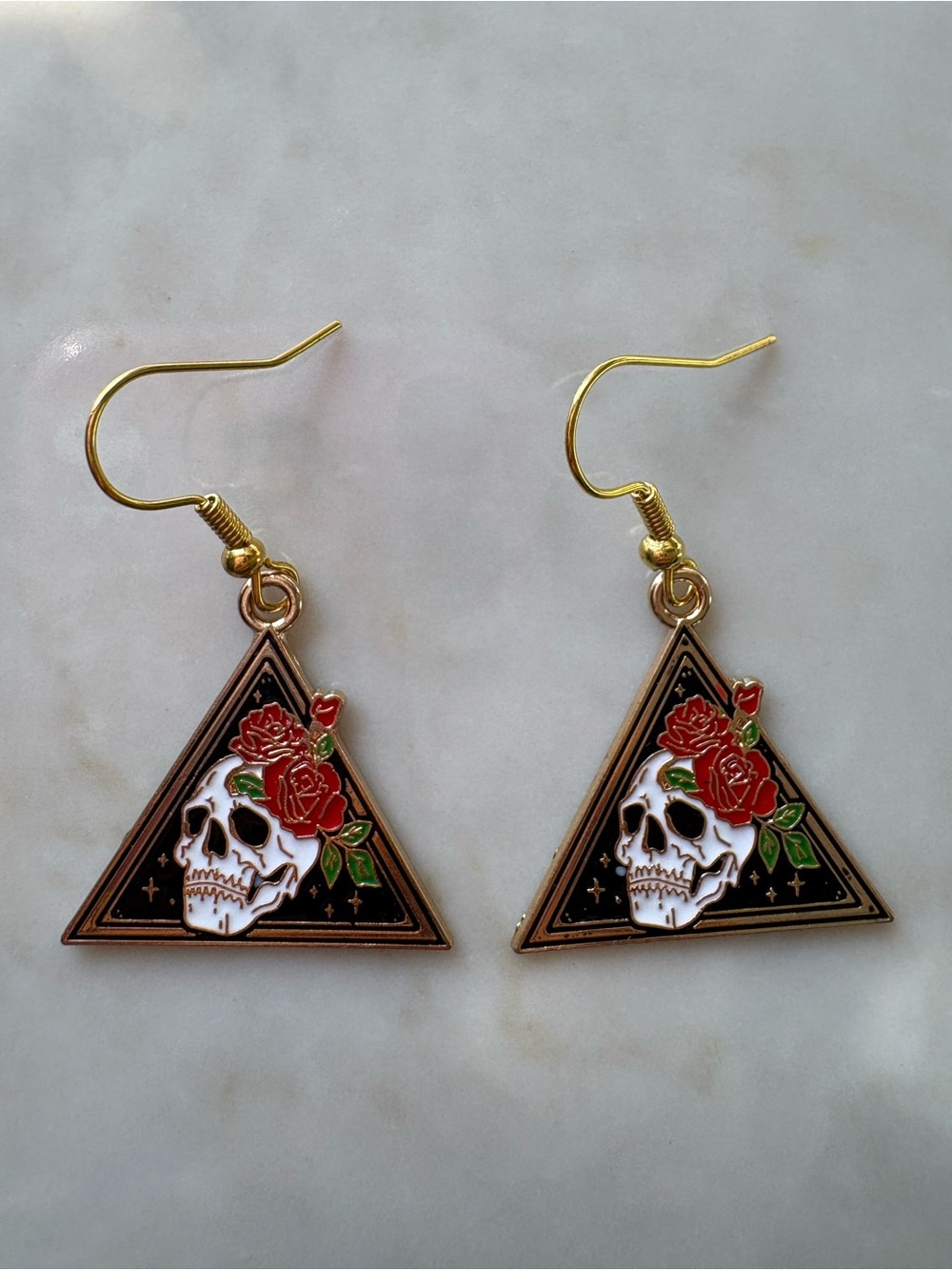 Gold-Tone Skull & Red Rose Triangle Drop Earrings